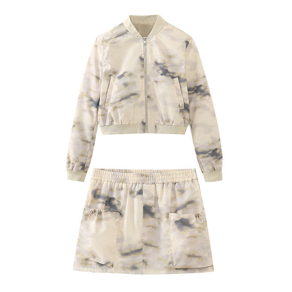 European and American style women's fashion casual tie dye jacket jacket, half skirt set
