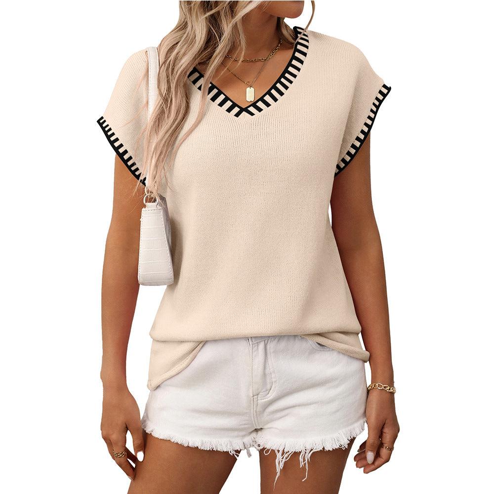 European and American V-neck short sleeved striped top