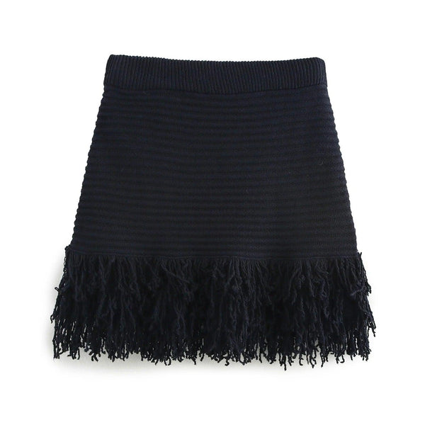 European and American women's fashion versatile tassel knit sweater+skirt set