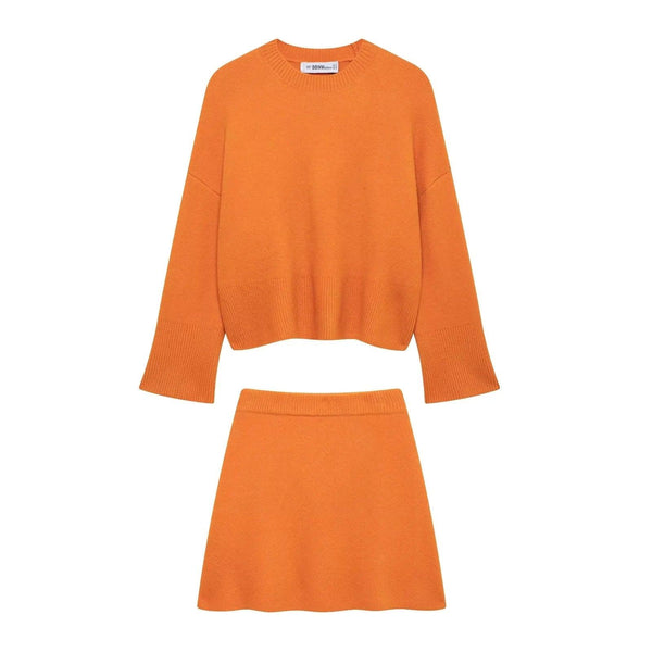 European and American women's long sleeved round neck knitted sweater mini skirt set