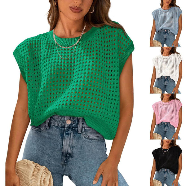 European and American women's round neck hollow top