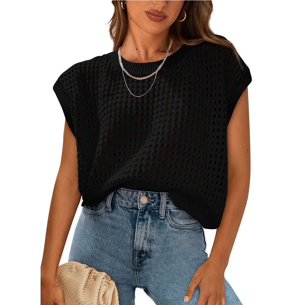 European and American women's round neck hollow top