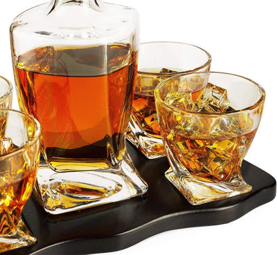 The Wine Savant Italian Crafted Crystal 5 Piece European Style Wine & Whiskey Decanter 855ml with 4 Glasses & Wood Sophisticated Tray Set Spirits, Scotch, & Bourbon Whiskey Decanter Sets for Men