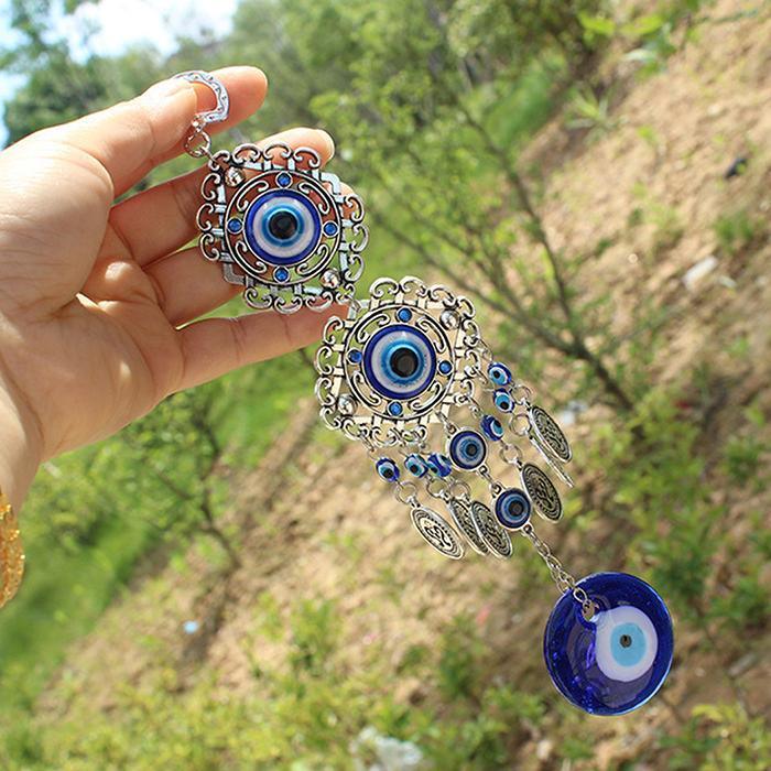 Evil Eye Wind Chimes Home Wall Hanging Decor Blue Evil Eye Wall Hanging Ornament With Round Eye Design Metal Home Decor Protection And Good Luck Charm Gift Blessing Protection Gift Dream Catcher Blue Rhinestone Wind Chimes