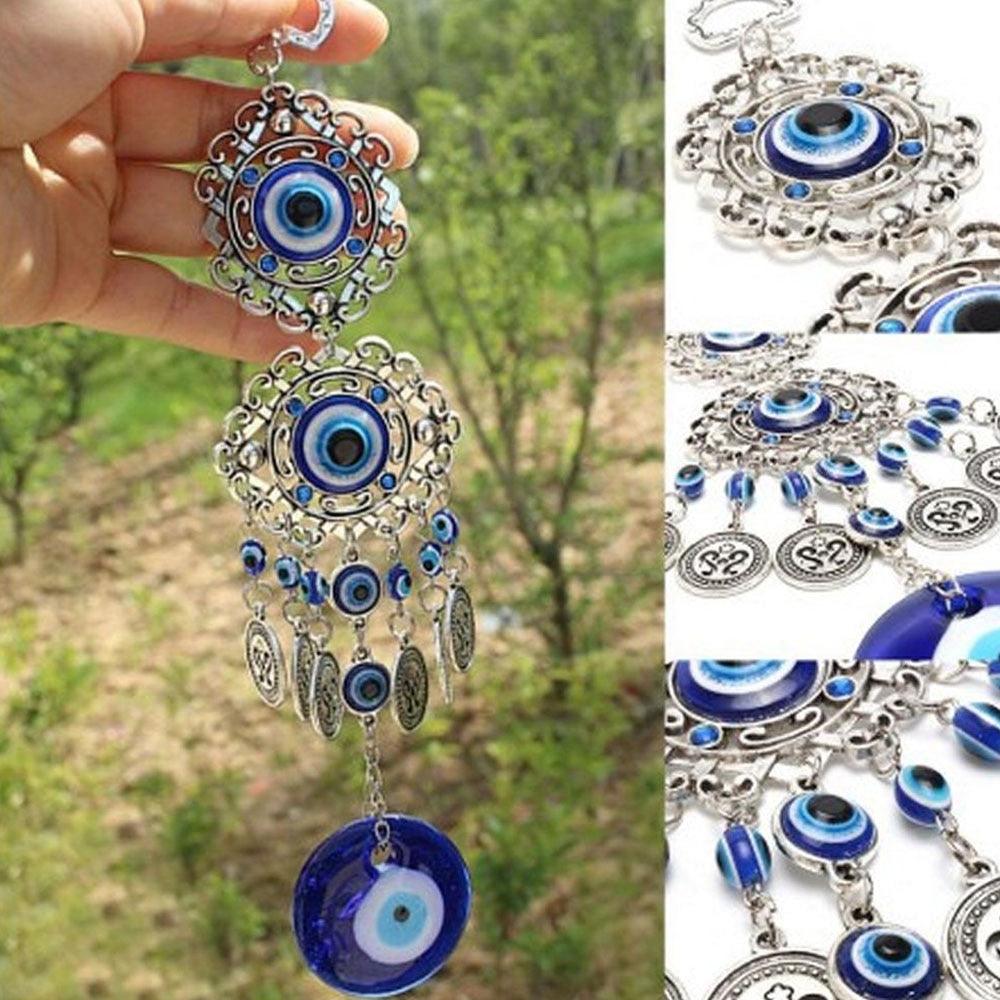 Evil Eye Wind Chimes Home Wall Hanging Decor Blue Evil Eye Wall Hanging Ornament With Round Eye Design Metal Home Decor Protection And Good Luck Charm Gift Blessing Protection Gift Dream Catcher Blue Rhinestone Wind Chimes