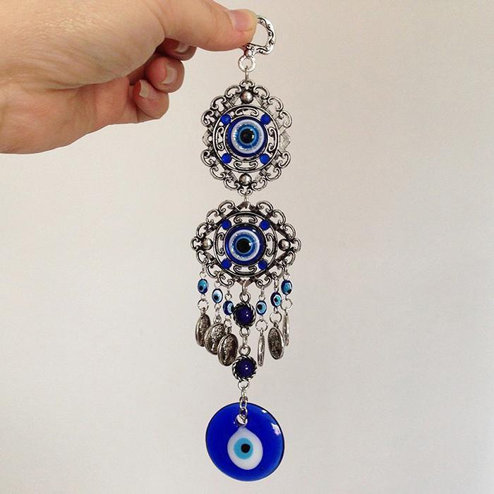 Evil Eye Wind Chimes Home Wall Hanging Decor Blue Evil Eye Wall Hanging Ornament With Round Eye Design Metal Home Decor Protection And Good Luck Charm Gift Blessing Protection Gift Dream Catcher Blue Rhinestone Wind Chimes