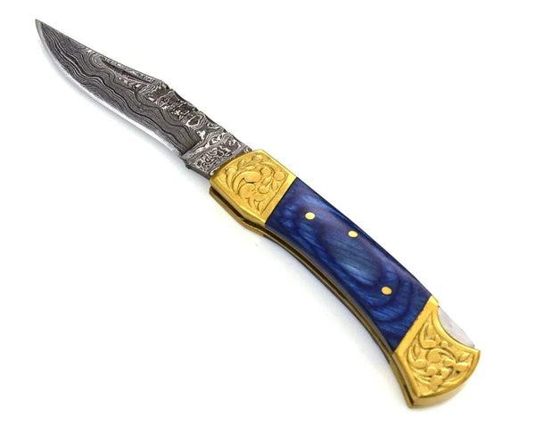 Expedition Damascus Pocket Knife with Pakka Wood Handle - Gifts for You 'n Me