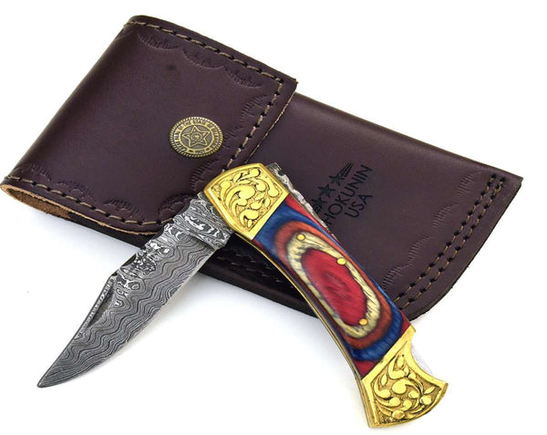 Expedition Damascus Pocket Knife with Pakka Wood Handle