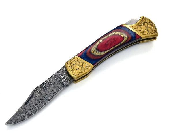 Expedition Damascus Pocket Knife with Pakka Wood Handle - Gifts for You 'n Me