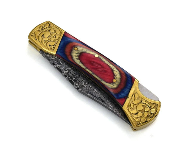 Expedition Damascus Pocket Knife with Pakka Wood Handle - Gifts for You 'n Me