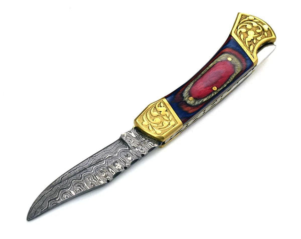 Expedition Damascus Pocket Knife with Pakka Wood Handle - Gifts for You 'n Me