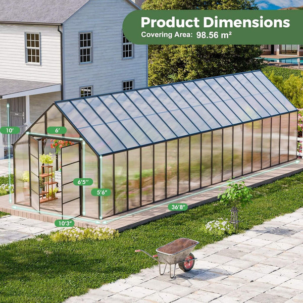 [10X36FT] Extra-Large Heavy-Duty Outdoor Walk-In Greenhouse With Adjustable Roof Vents, 4MM (SAK26174)
