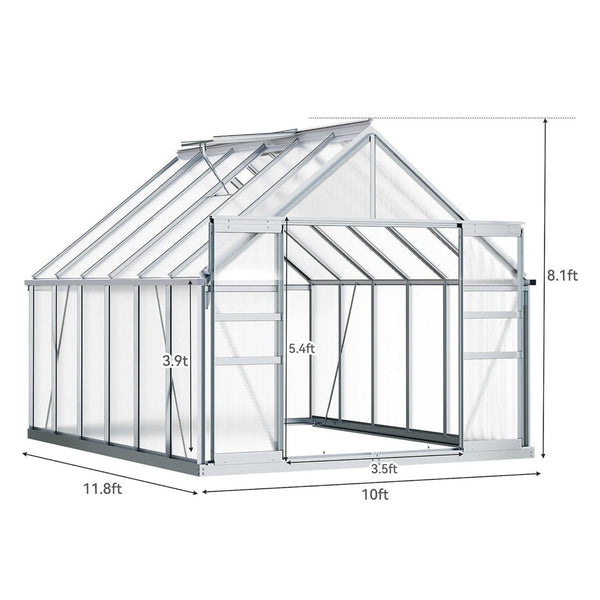 [10X12FT] Extra-Large Heavy-Duty Polycarbonate Aluminum Greenhouse With Sliding Doors And Vents (SAK74183)