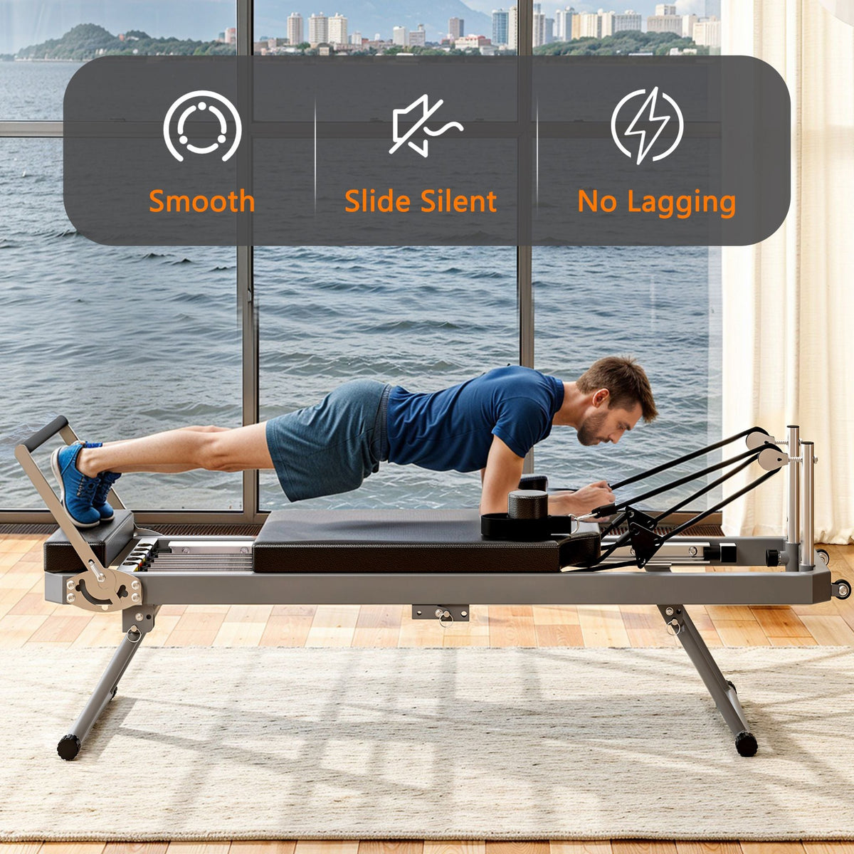 Extra-Large Multi-Functional Pilates Reformer Machine With Dynamic Resistance Cords And Aerobic Rebounder, Black (SAK32879)