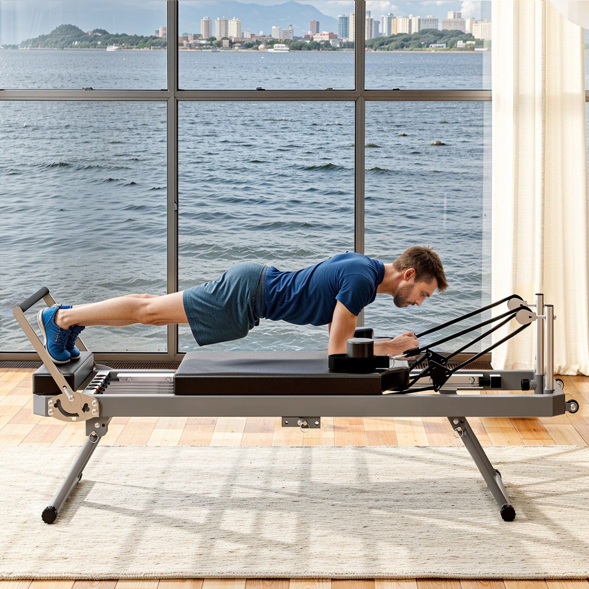Extra-Large Multi-Functional Pilates Reformer Machine With Dynamic Resistance Cords And Aerobic Rebounder, Black (SAK32879)