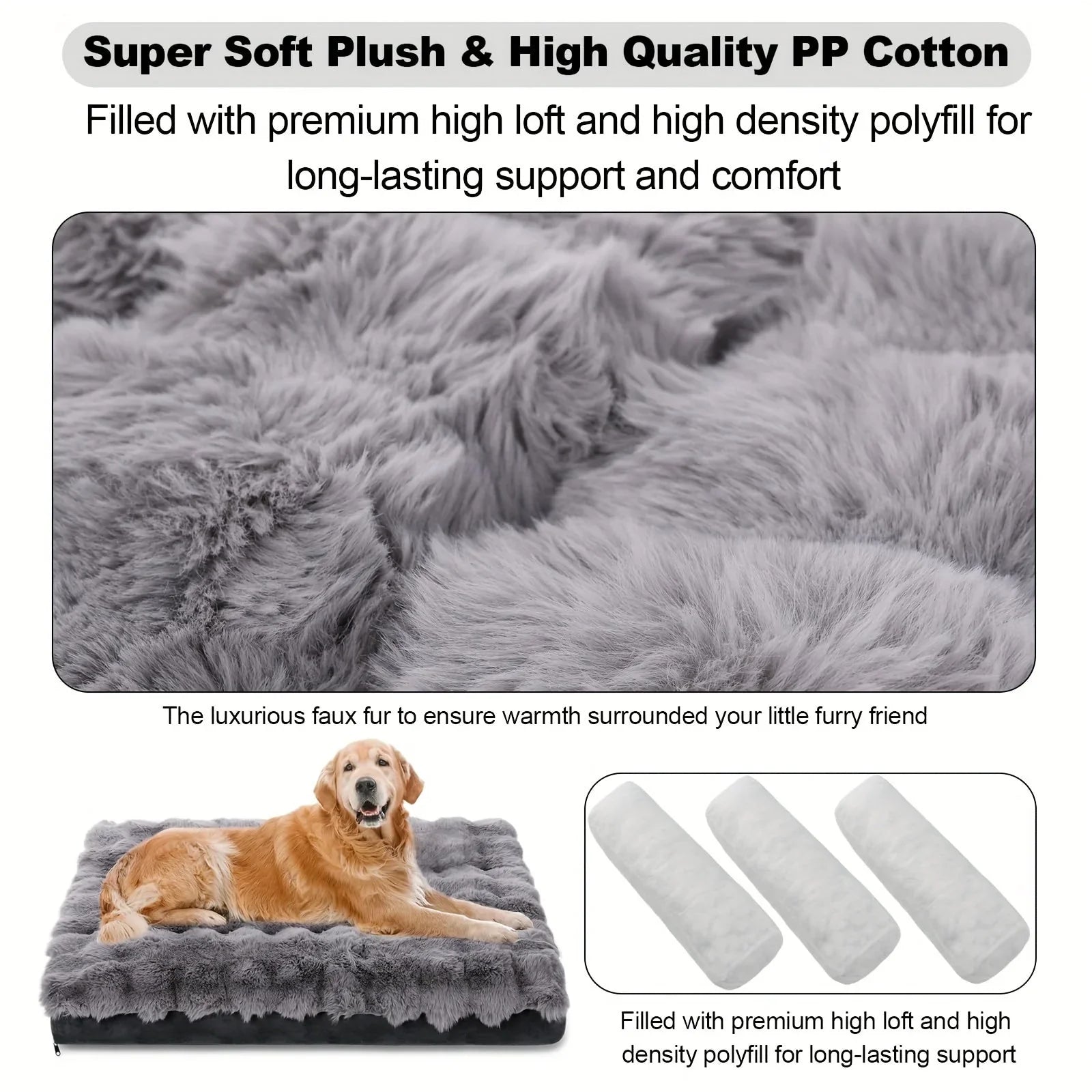 Extra Large Orthopedic Dog Bed - Luxurious Plush Faux Fur Kennel, Bite-Resistant, Dirt-Repellent and Machine Washable Pet Mat with Anti-Slip Bottom, Stylish for Living Rooms, All-Season Comfort & Joint Support for Large Dogs