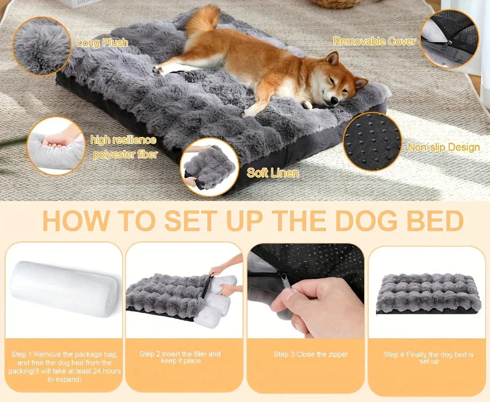 Extra Large Orthopedic Dog Bed - Luxurious Plush Faux Fur Kennel, Bite-Resistant, Dirt-Repellent and Machine Washable Pet Mat with Anti-Slip Bottom, Stylish for Living Rooms, All-Season Comfort & Joint Support for Large Dogs