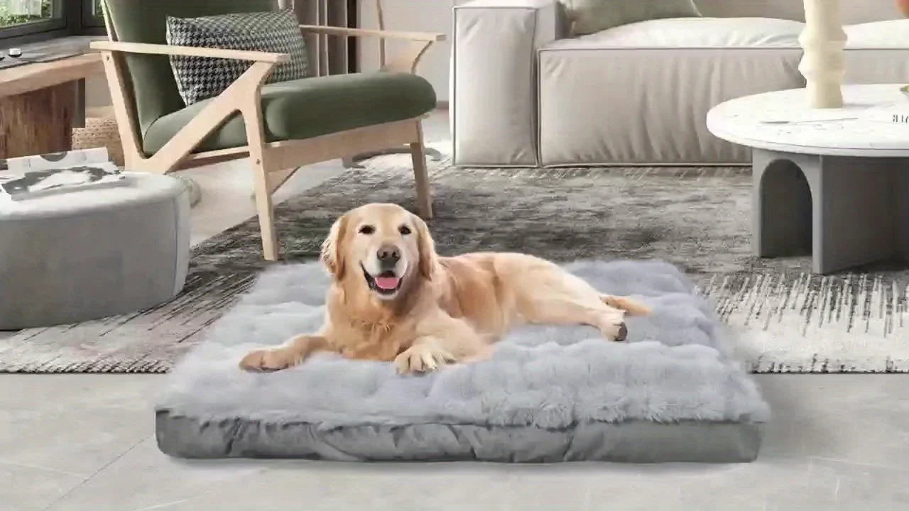Extra Large Orthopedic Dog Bed - Luxurious Plush Faux Fur Kennel, Bite-Resistant, Dirt-Repellent and Machine Washable Pet Mat with Anti-Slip Bottom, Stylish for Living Rooms, All-Season Comfort & Joint Support for Large Dogs