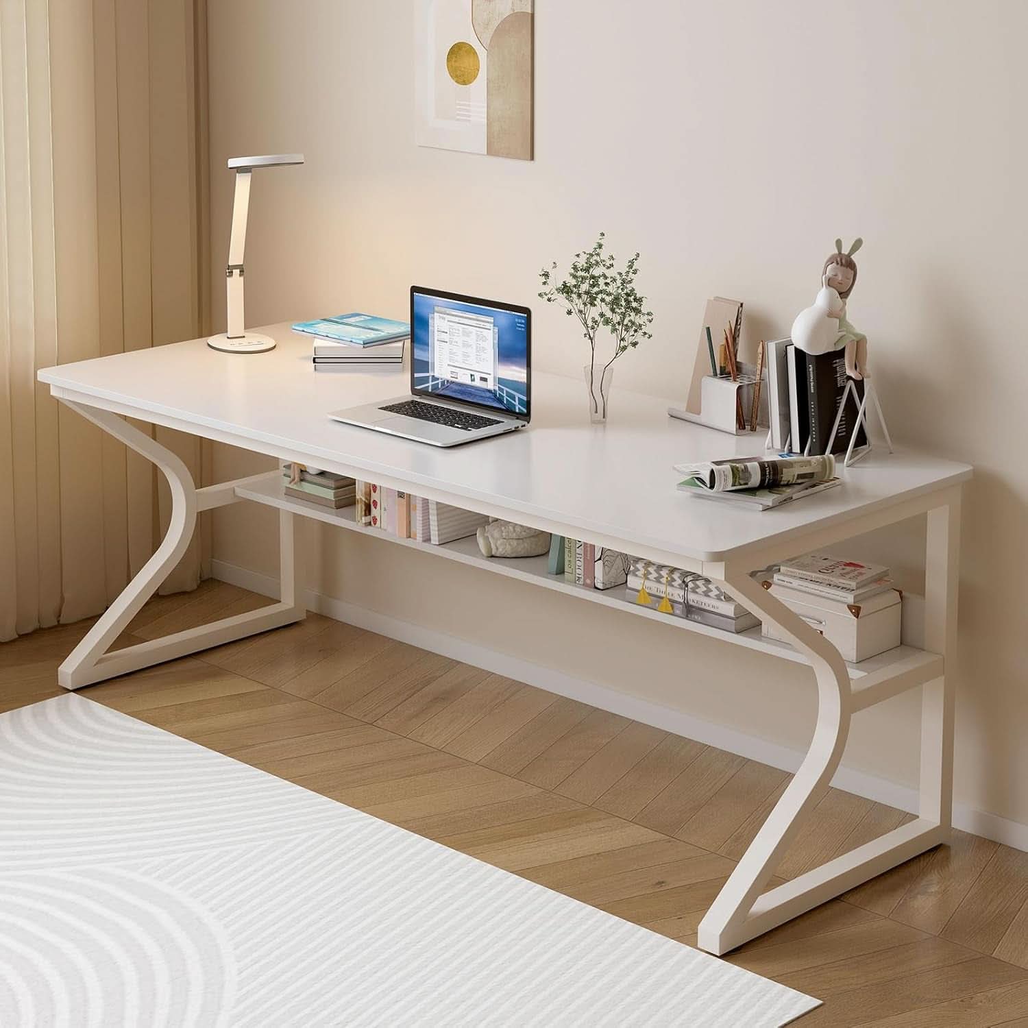 63 Inch Desk With Built In Bookshelf And Warm White
