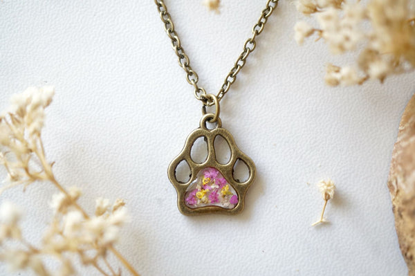 Real Dried Flowers in Resin Necklace, Dog Paw in Pink Yellow White