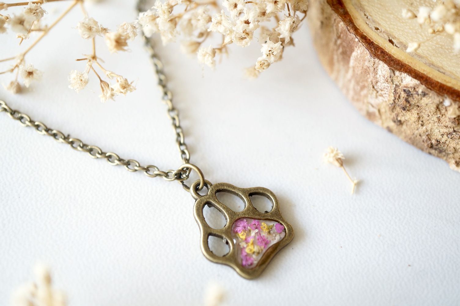 Real Dried Flowers in Resin Necklace, Dog Paw in Pink Yellow White