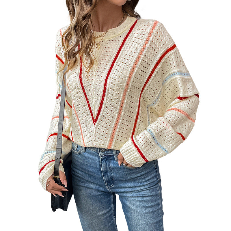 Eyelet Round Neck Long Sleeve Sweater