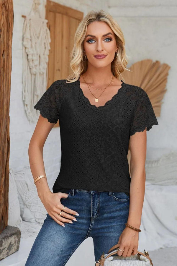 Eyelet V-Neck Lace Short Sleeve T-Shirt