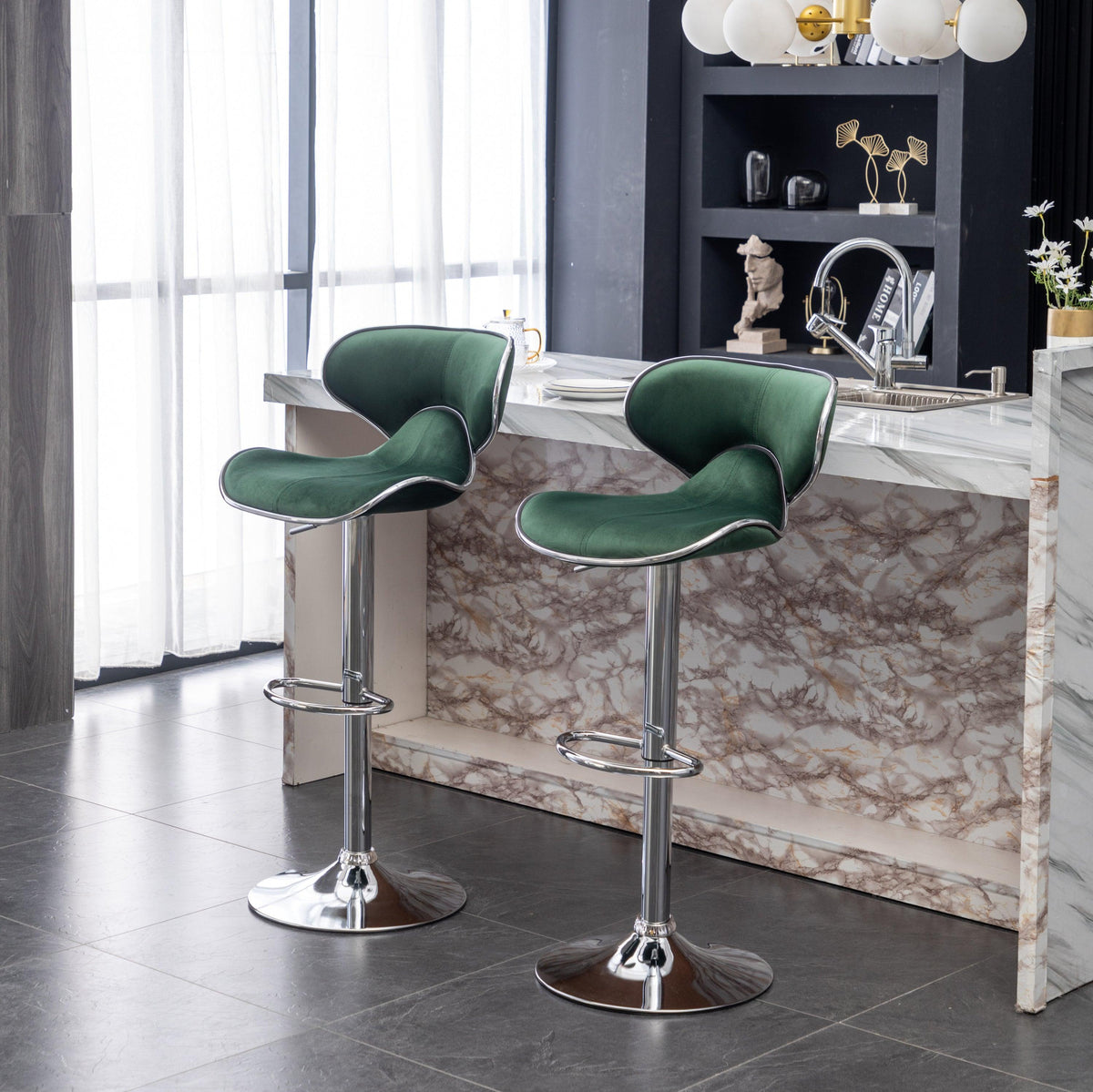 Green Velvet Adjustable Swivel Bar Stools with Chrome Base & Footrest – Set of 2