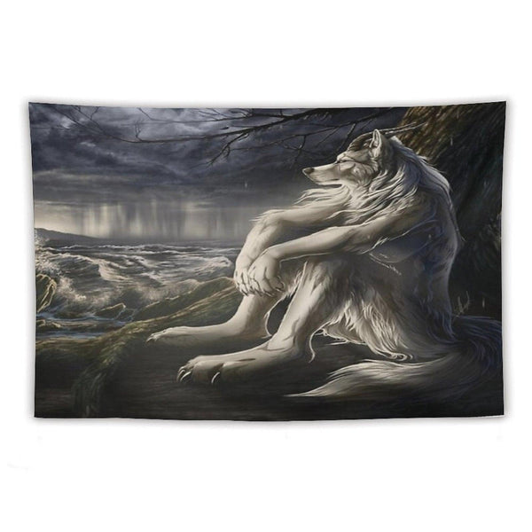 Emo White Wolf Sitting Sad Meme Tapestry