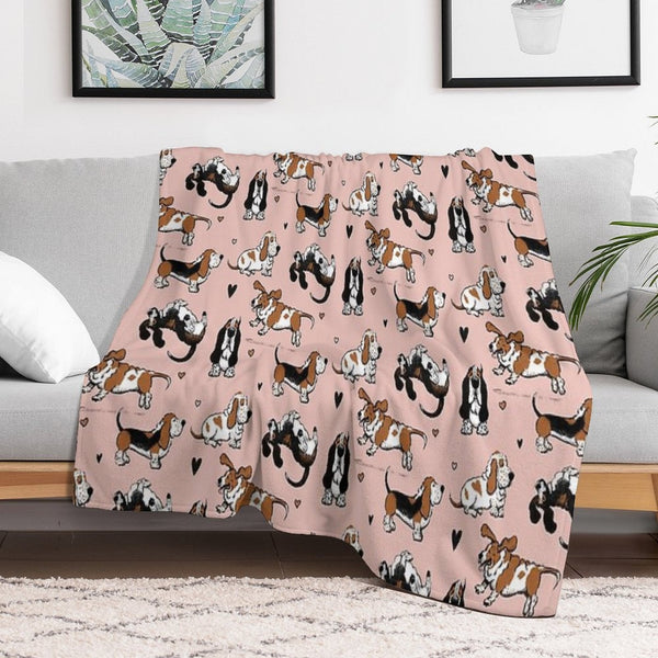 Basset Buddies on Pale Pink Compact Throw Blanket