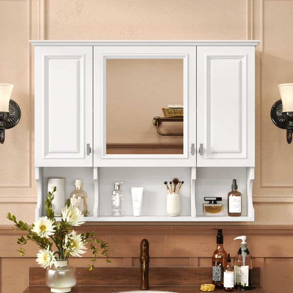Wall Mounted Bathroom Medicine Cabinet with Mirror and Open Shelves, Modern