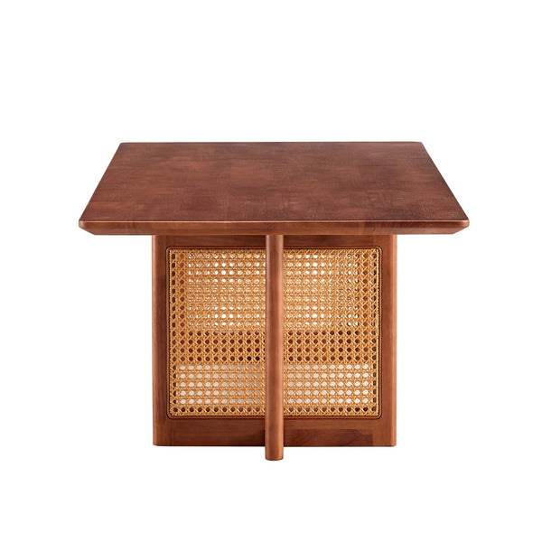 Natural Rubberwood and Solid Wood Coffee Table with Rattan Weave, Modern Minimalist