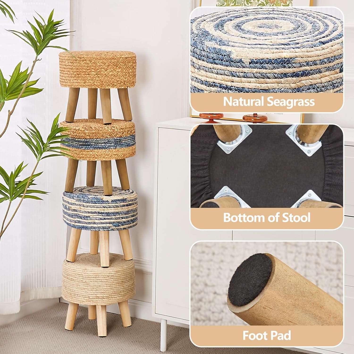 Round Seagrass Ottoman Footstool Handwoven Natural Blue