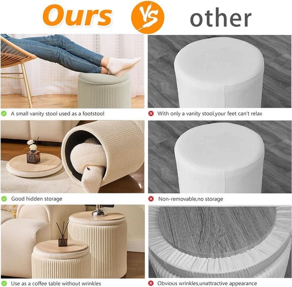 White Storage Ottoman Round Velvet Upholstered Set