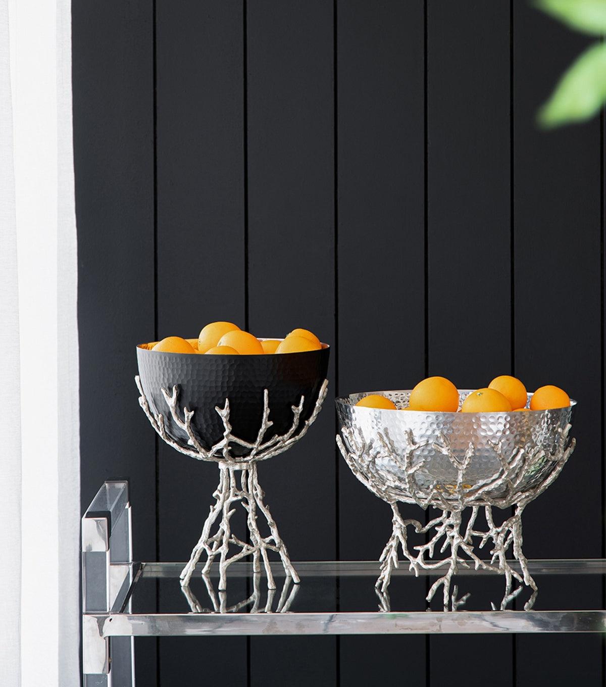 Silver Aluminum Decorative Pedestal Bowl with Sculptural Branch Base – Modern Centerpiece