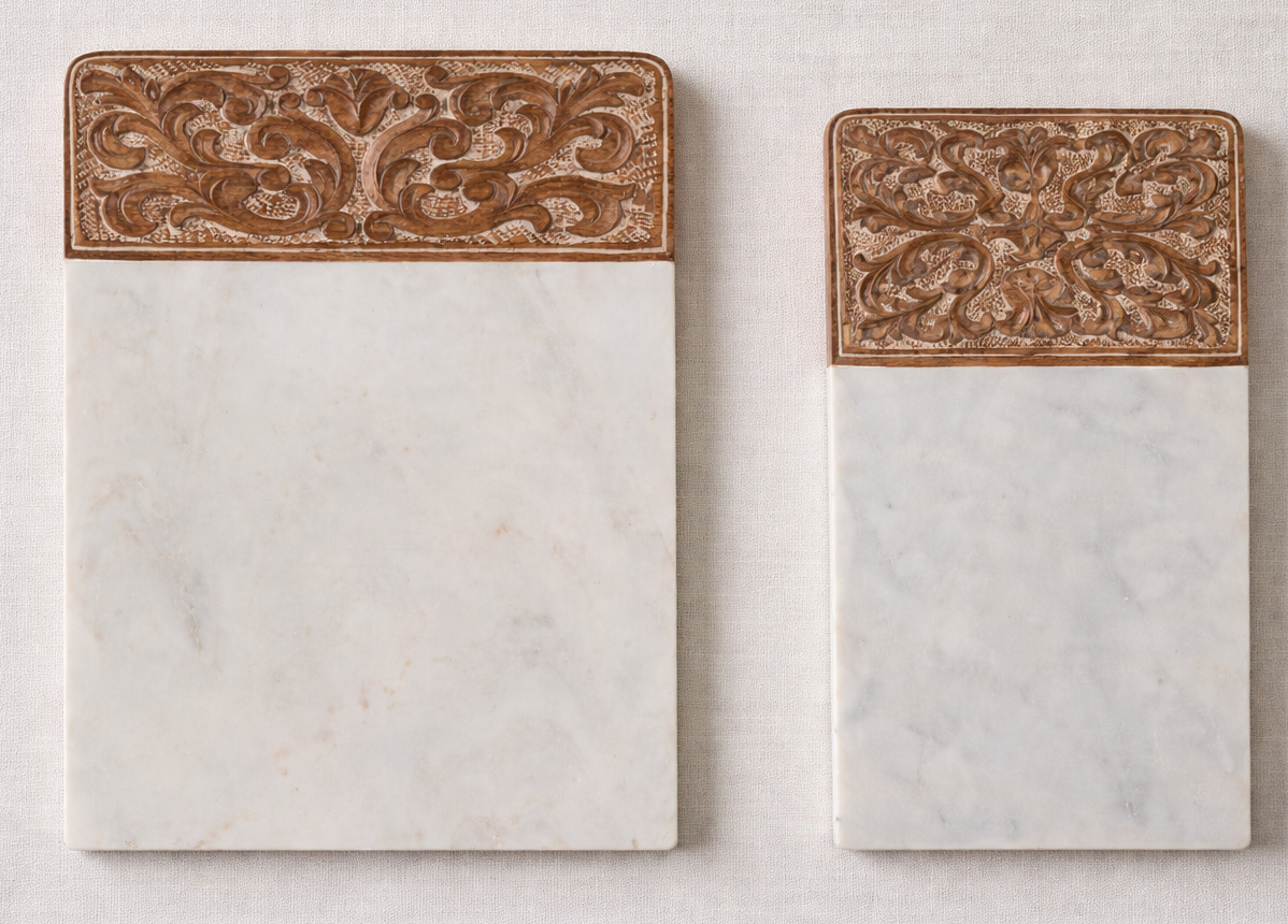 Acanthus Carved Wood and Marble Cutting Board, White - Gifts for You 'n Me