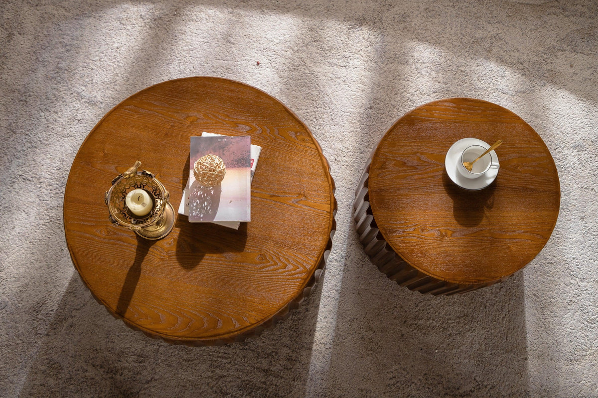 Set of 2nWalnut Fluted Nesting Coffee Table Set – Mid-Century Modern Round Tables