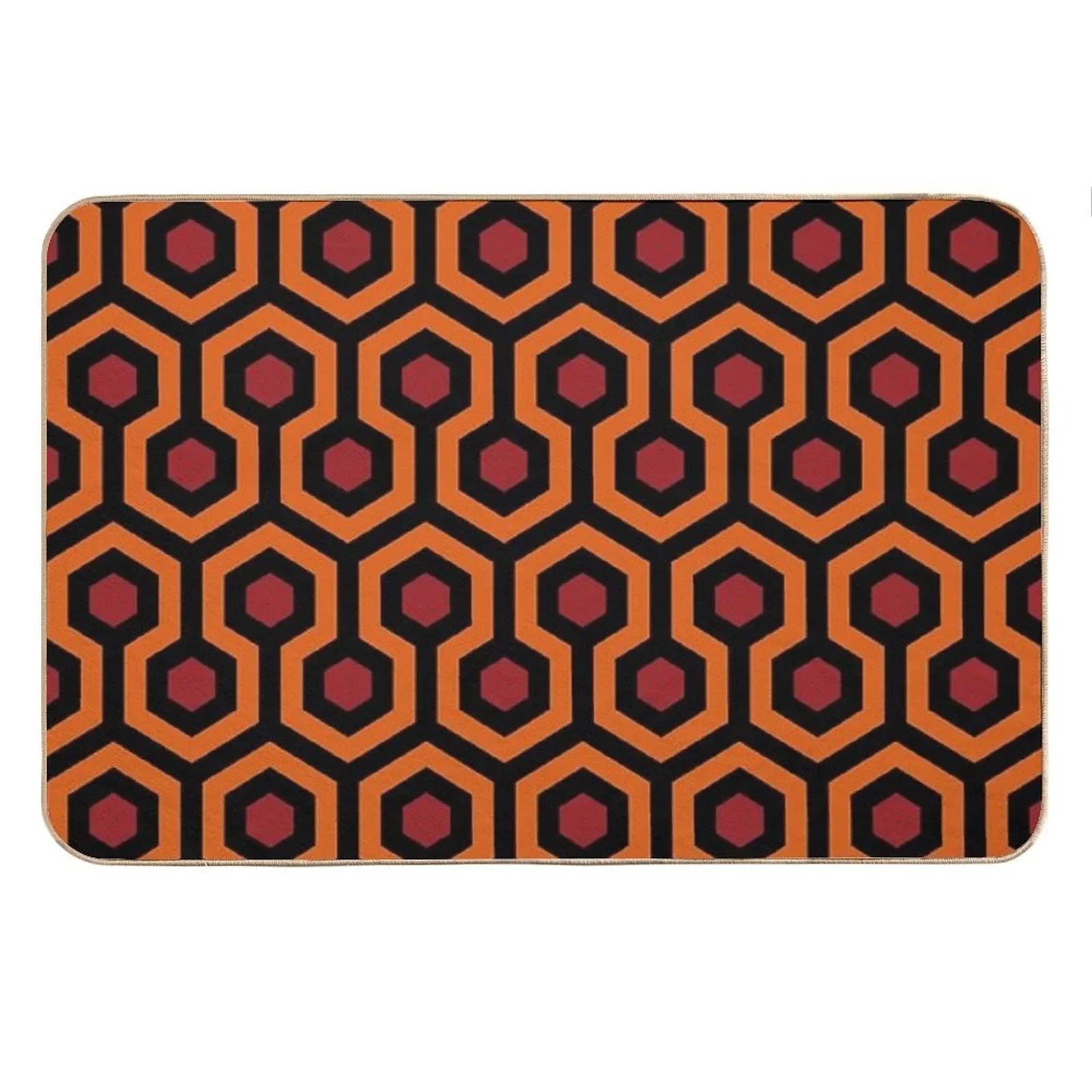 Geometric Pattern Looped Hexagons OrangeRedBlack Bath Mat
