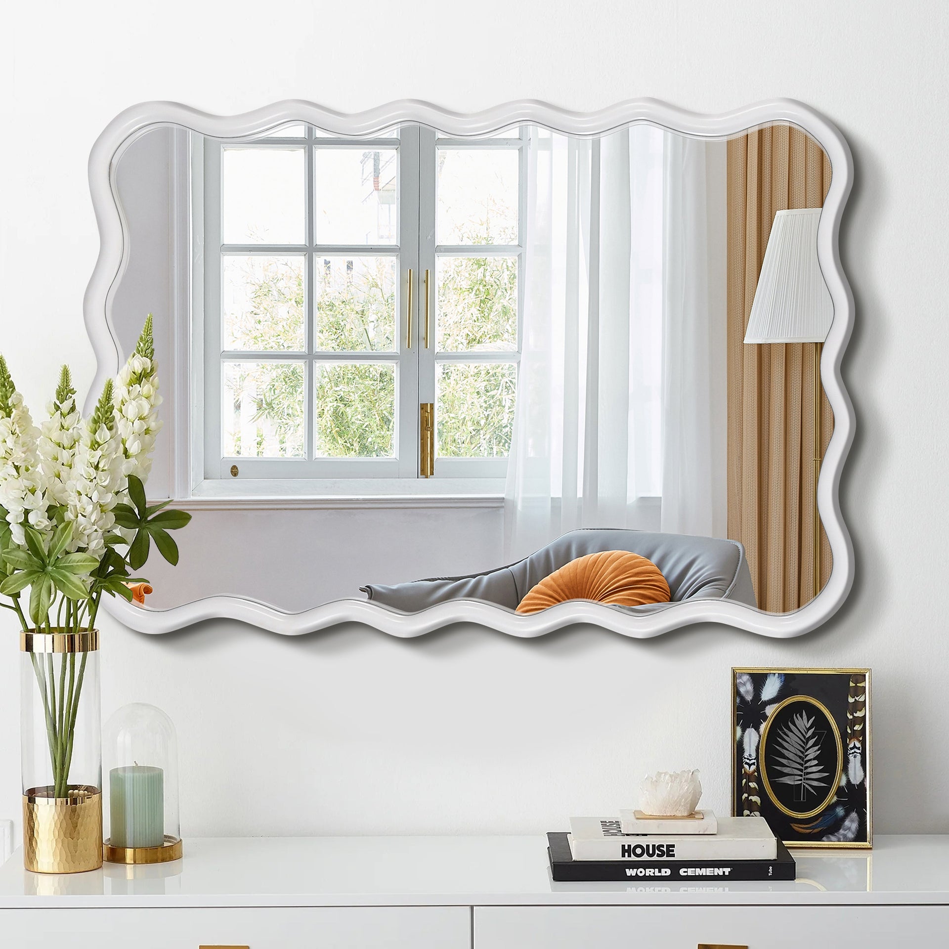 Solid Wood Wavy Rectangle  Mirror-Natural-Wood   40' x 28' Modern Mirror Wall Decor for Bathroom, Bedroom, Living Room, Dining Room, Cloakroom, Entryway