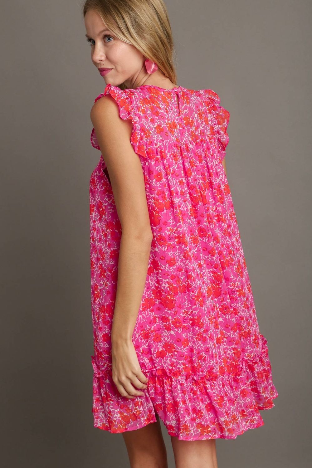 Pink Full Size Smocked Detail Floral Ruffle Cap Sleeve Dress Plus Size Glamorous & Feminine Dress