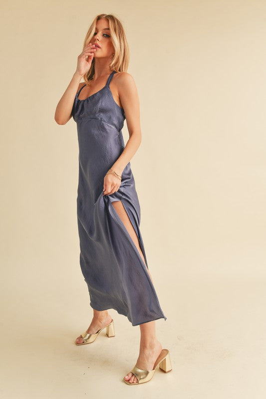 Ruched Side Slit Cutout Back Maxi Cami Dress –Elegant, Sophisticated & Alluring with Side Slit, Ruched Detailing & Daring Cutout Back Design for Special Occasions