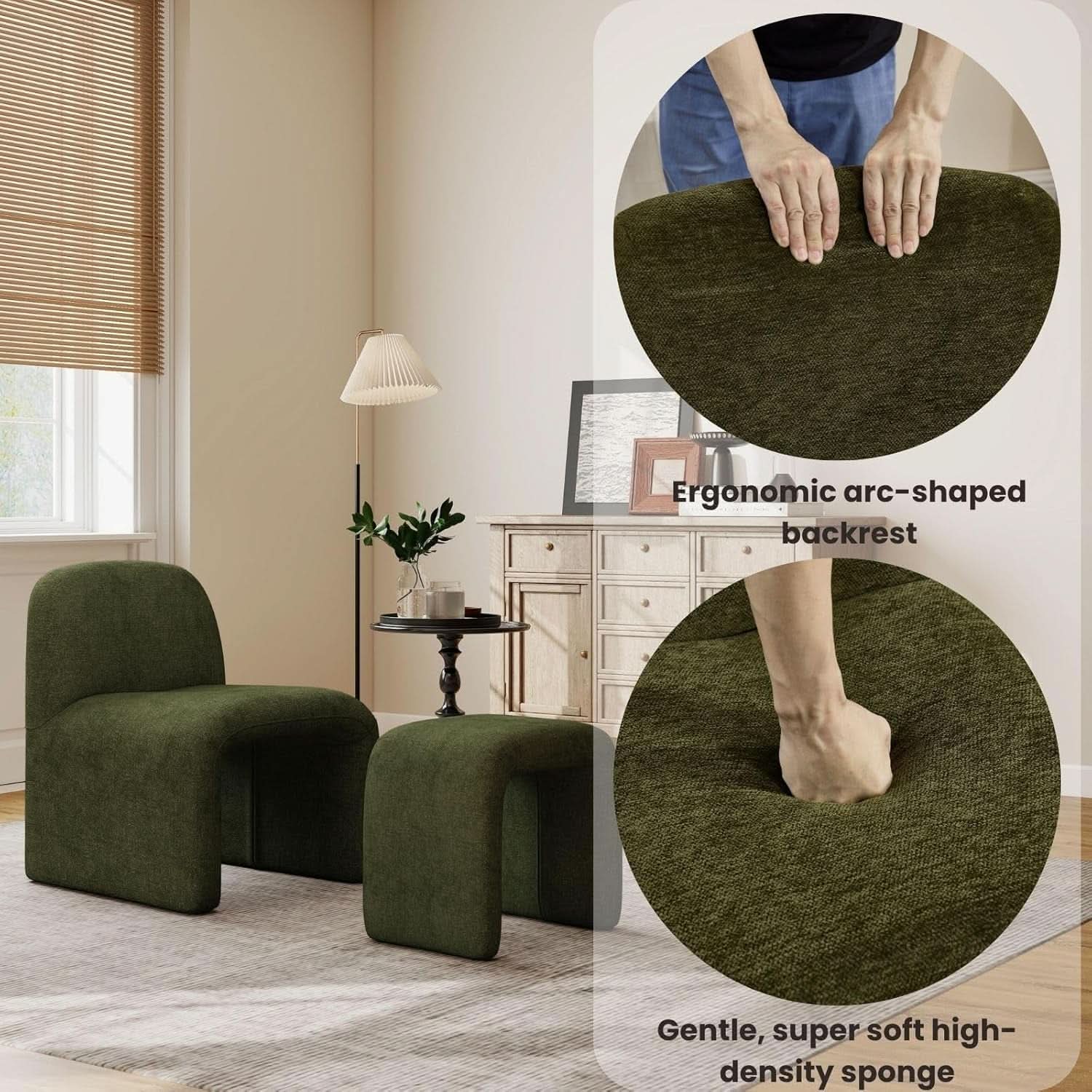 Green Chenille Upholstered Accent Chair With Ottoman