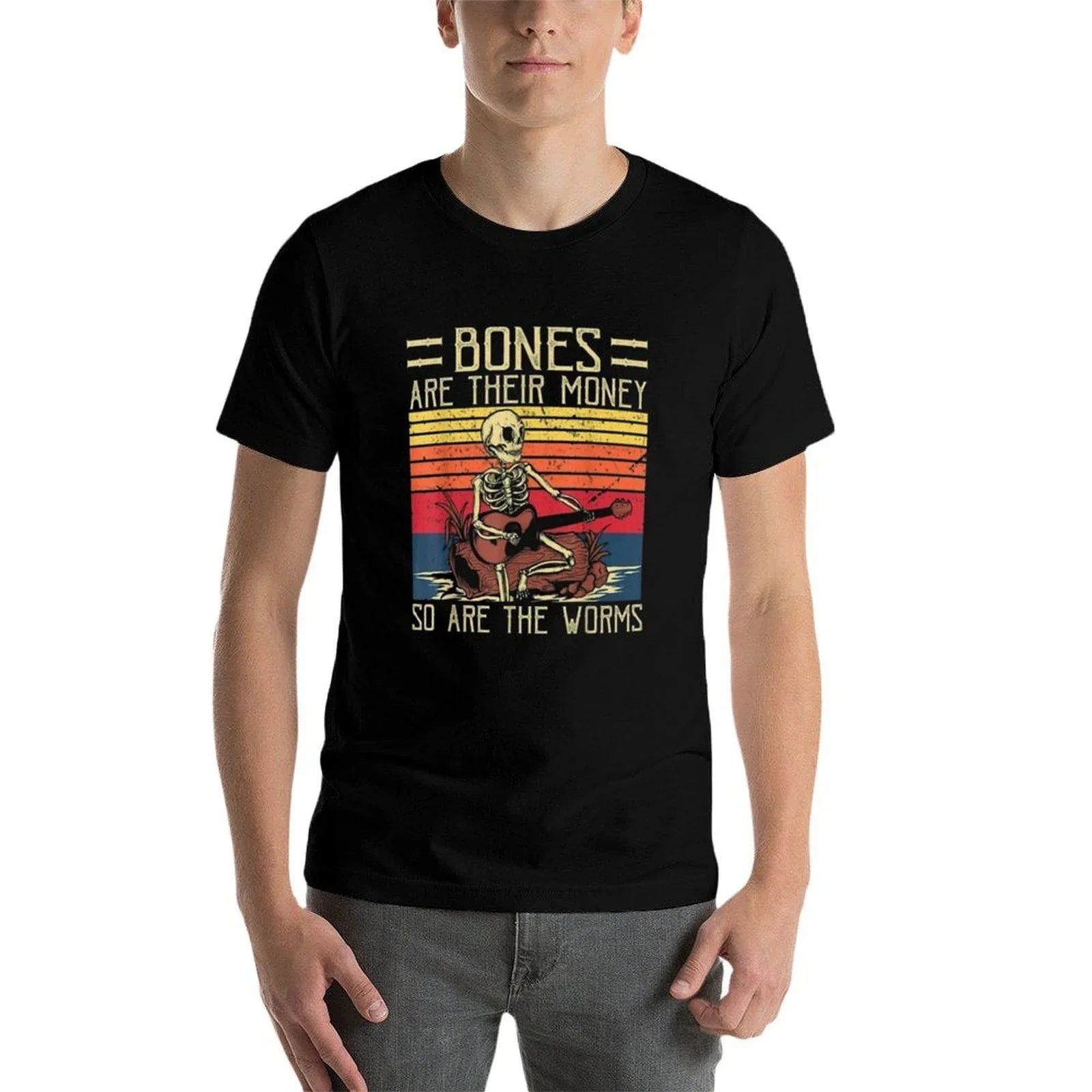 Bones Are Their Money  Skeleton Playing Guitar Retro Vintage  Moisture-wicking T-Shirt