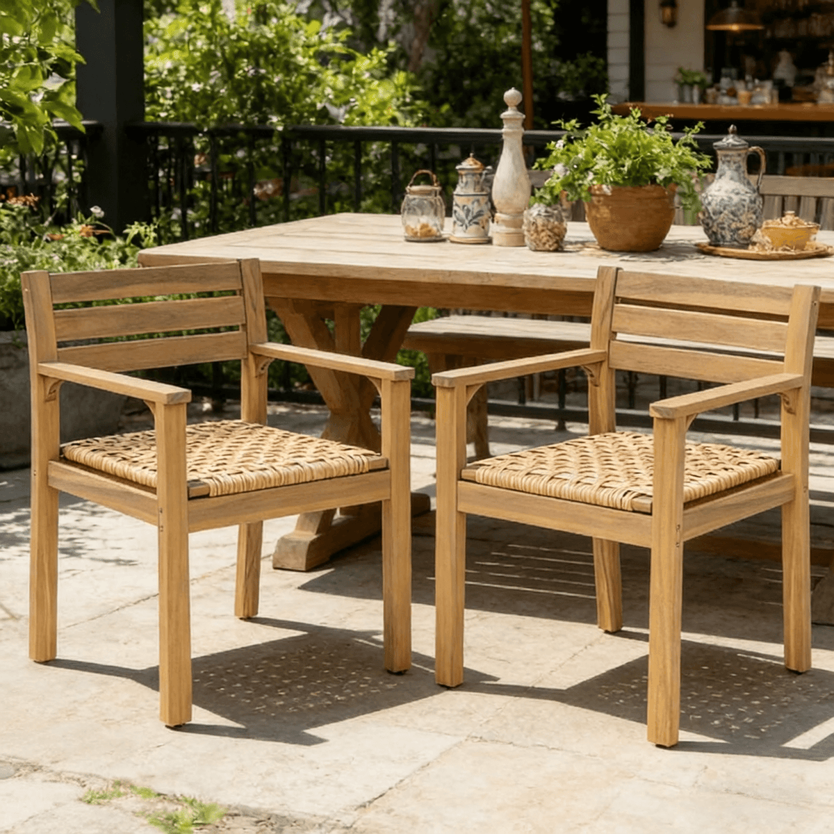 Set of 2 Outdoor Acacia Wood Dining Chairs with Woven Seats