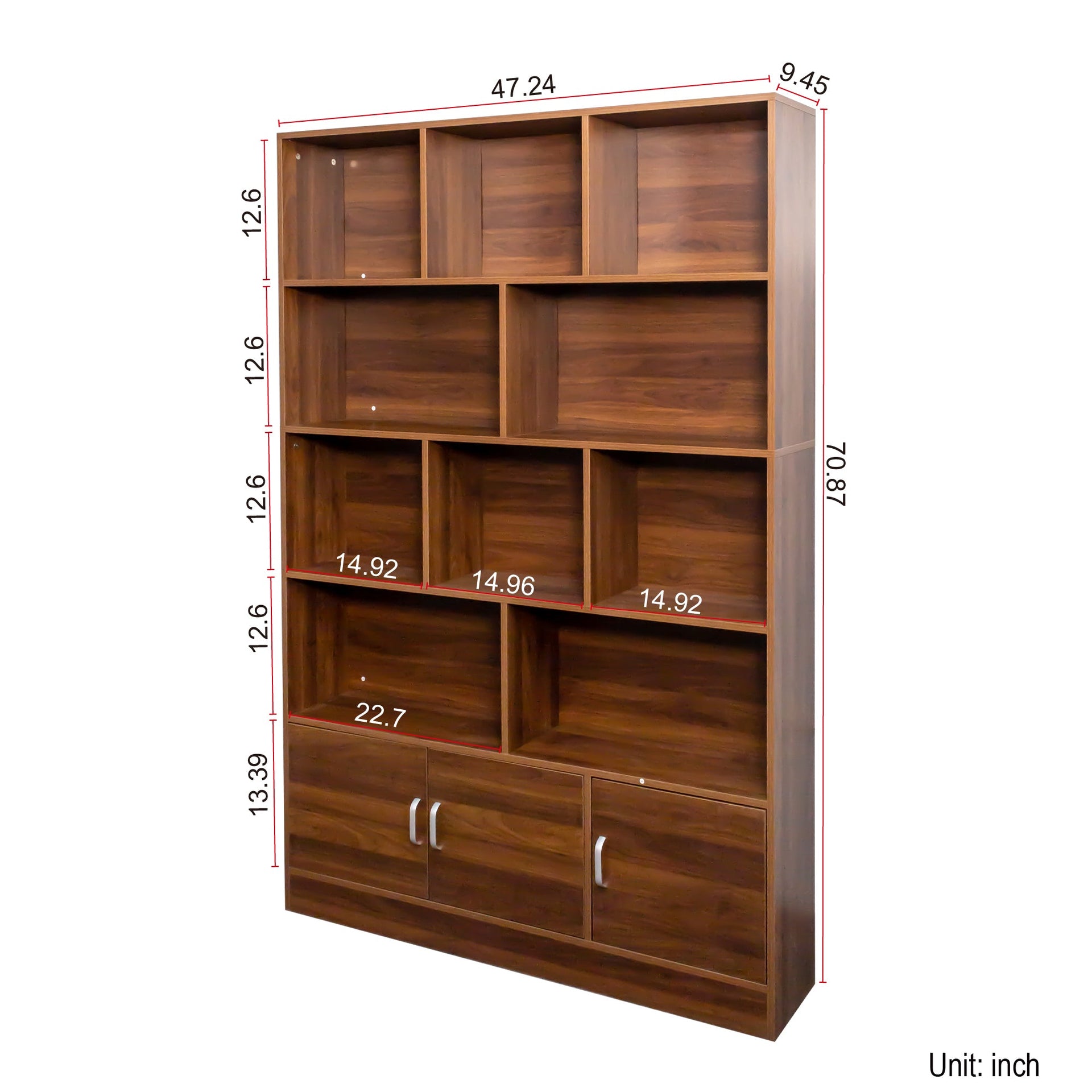70.87' Tall Bookshelf with 10 Cubes and 3 Doors, 4-Tier Bookshelf, Open Shelf Bookcase with Cabinet, Modern Cube Storage Organizer for Living Room, and Office