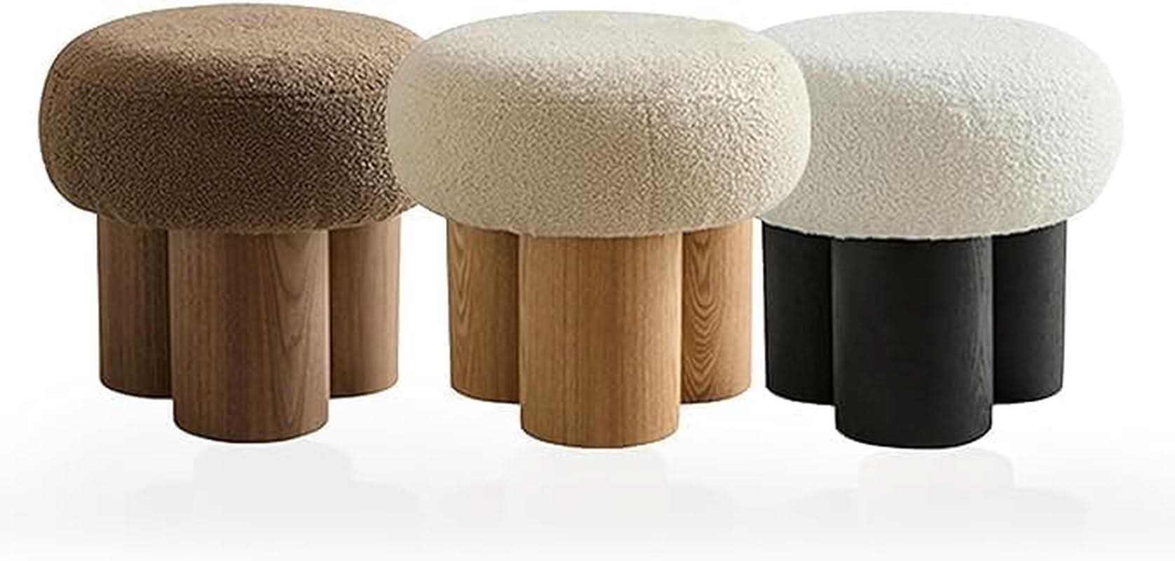 Compact Round Footstool Ottoman Brown Teddy Fabric