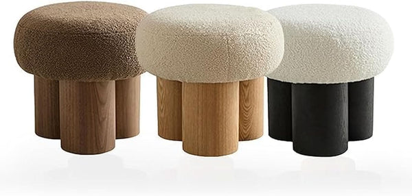 Compact Round Footstool Ottoman Brown Teddy Fabric