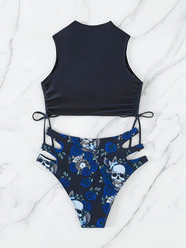 Bikini Skull Print Hollow-Out 2 Piece Swimsuit for Women – Sexy Lace-Up Floral Tie Bathing Suit with Crew Neck – High Stretch Halloween Inspired Bikini Set for Beach Party, Festival, and Summer Vacation