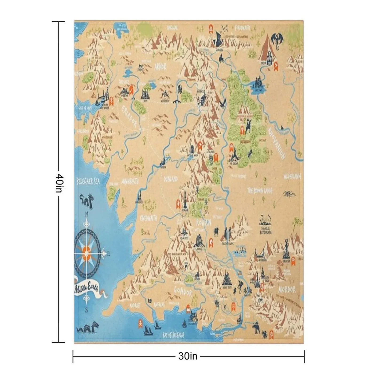 Tolkien - Middle Earth Map,  Simple Icon Illustrations Throw Blanket