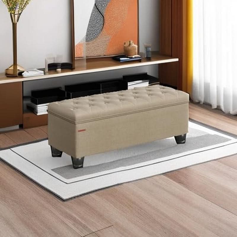 Camel Brown Linen Storage Ottoman Bench Reinforced